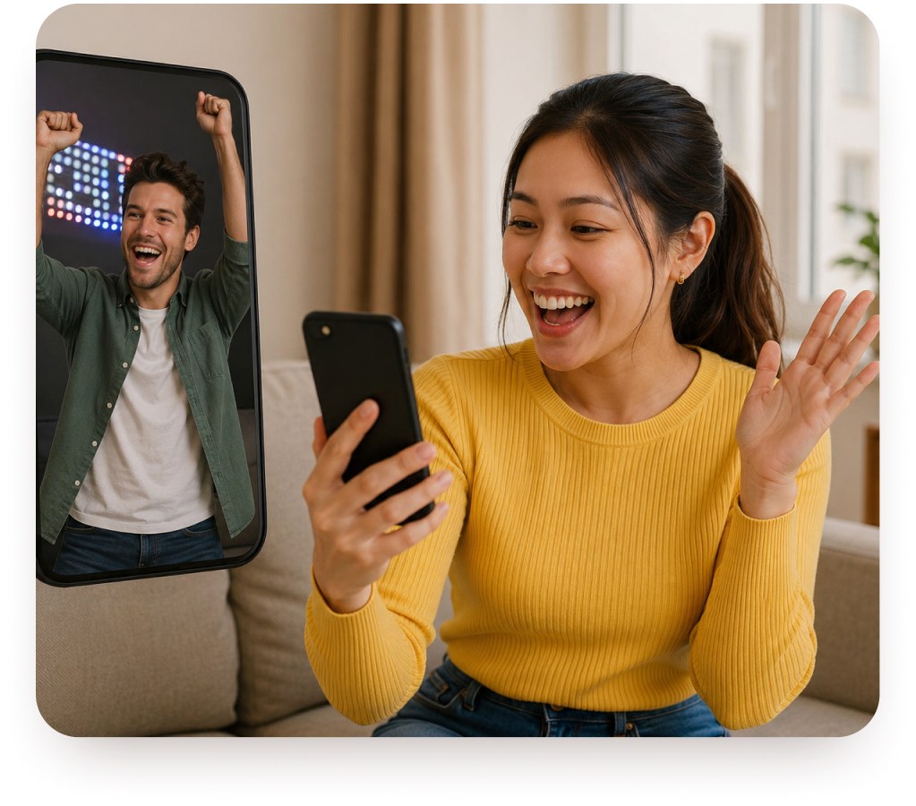 A guest waving on a video call from home